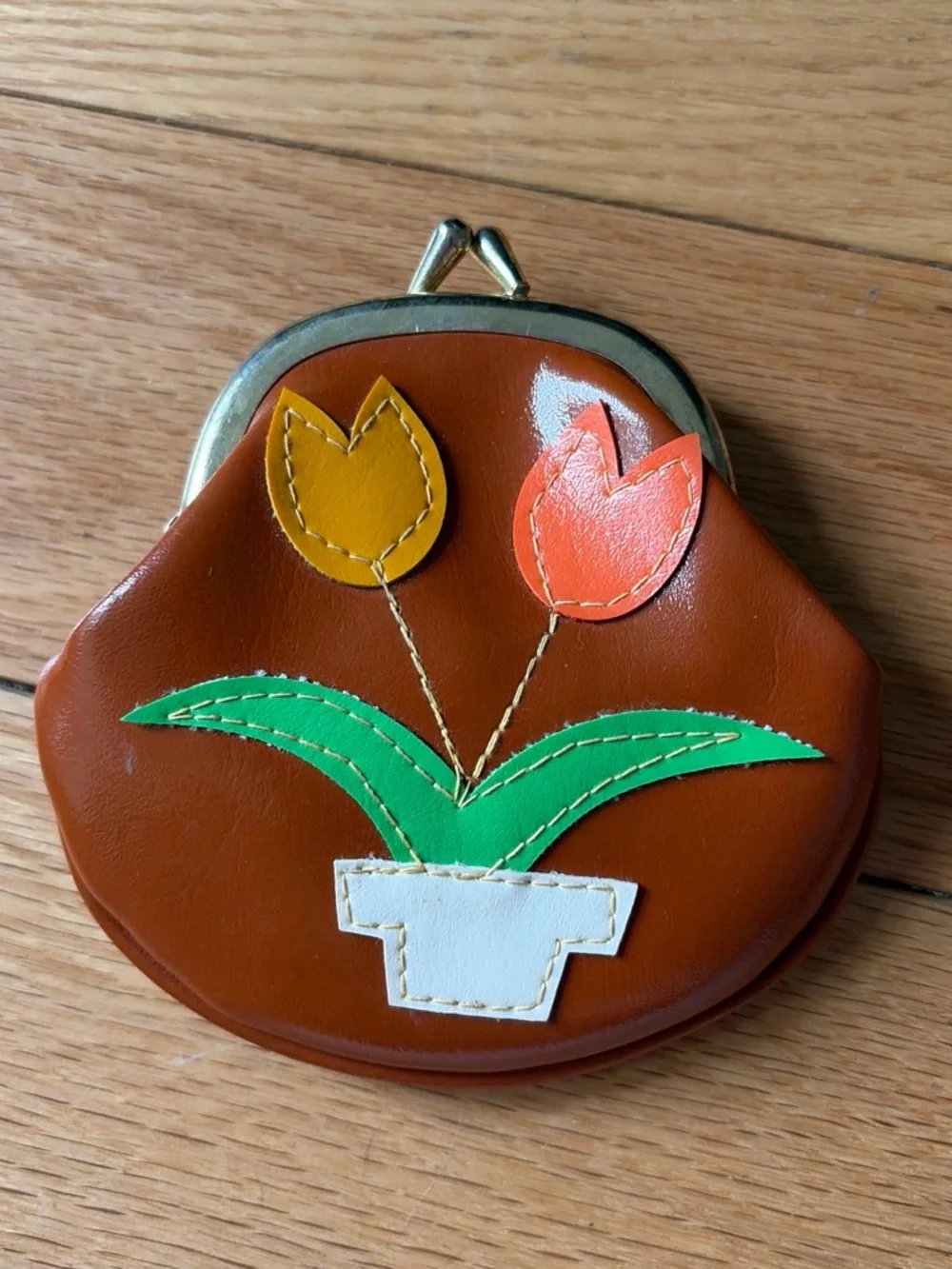 Brown Floral Appliqué Coin Purse - Tulip Design